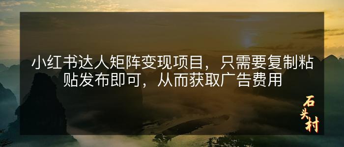 小红书达人矩阵变现项目，只需要复制粘贴发布即可，从而获取广告费用