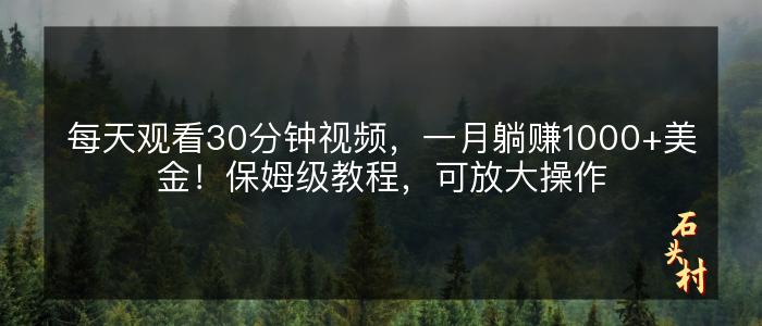 每天观看30分钟视频，一月躺赚1000+美金！保姆级教程，可放大操作