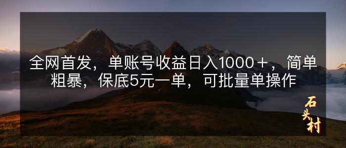 全网首发，单账号收益日入1000＋，简单粗暴，保底5元一单，可批量单操作